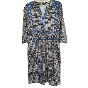 J. McLaughlin A Line V Neck 3/4 Sleeve Side Zip Dress‎ Sz M Blue Geometric Nylon